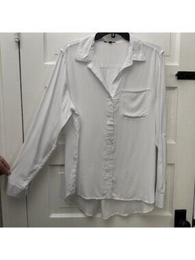Velvet Heart Womens L White Rayon Button Down Shirt High Low Roll Tab Sleeve